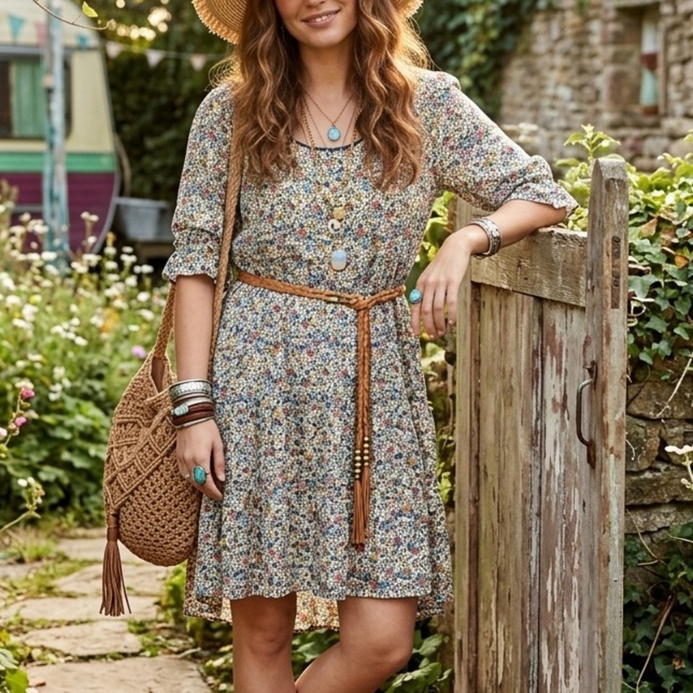 Natural Life Colette Multi Floral Boho Dress SIZE LARGE